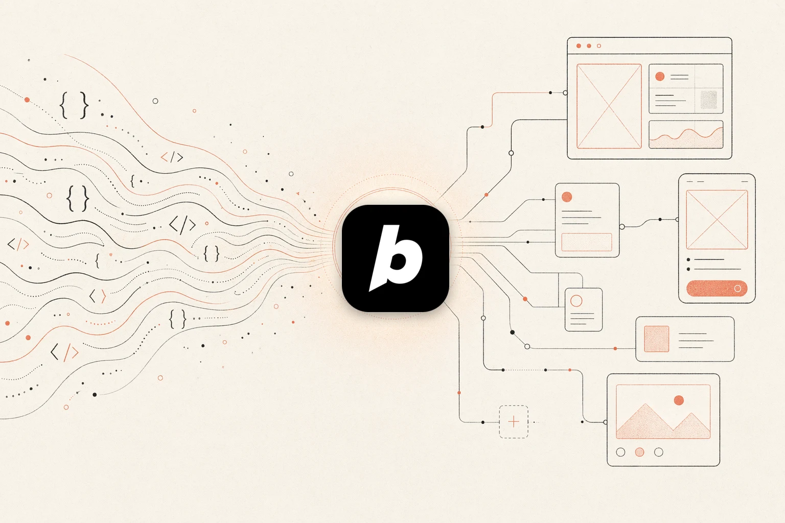 OpenDesign vs Bolt —— 暖纸编辑风插画，代码汇聚成一个设计枢纽