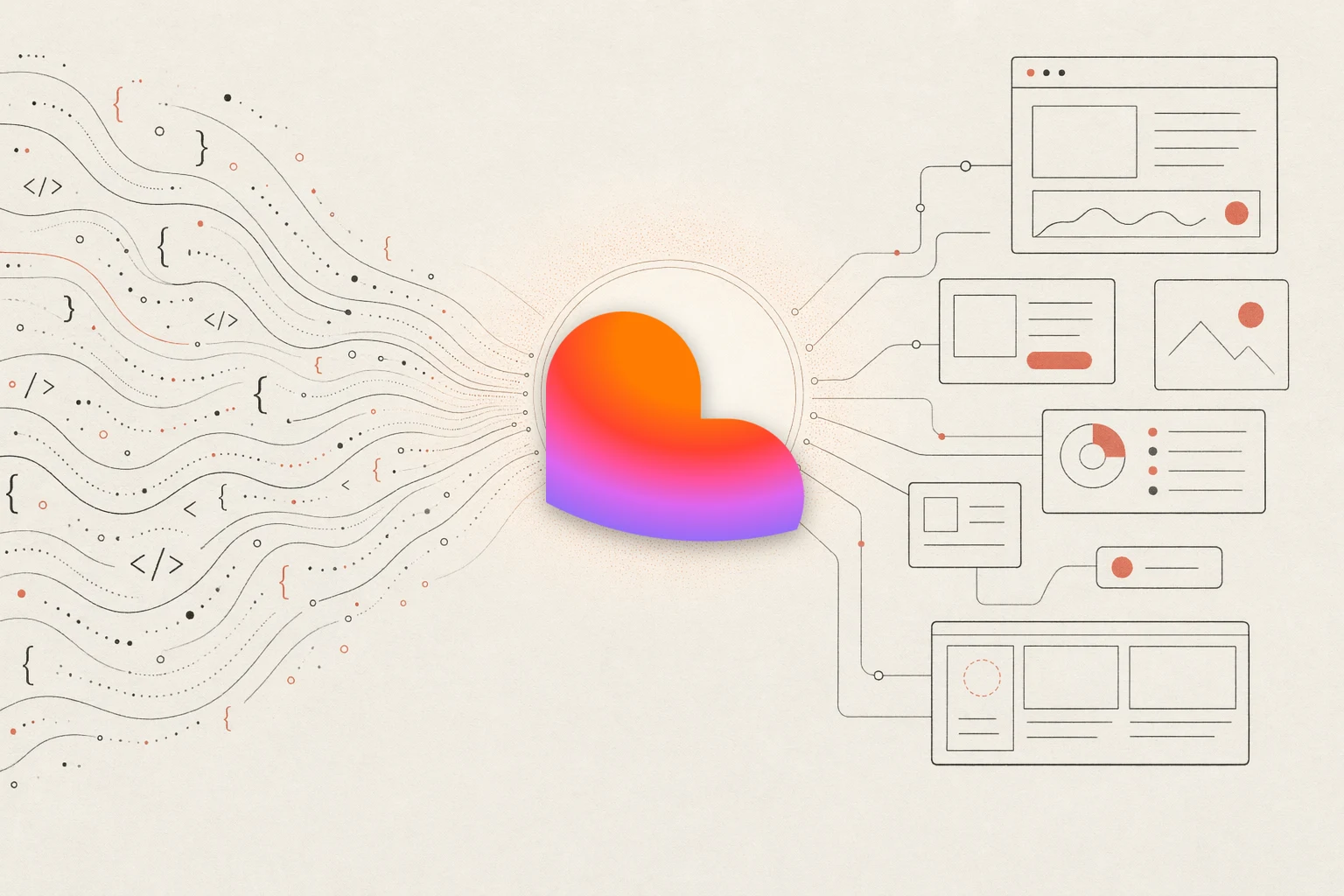 OpenDesign vs Lovable —— 暖纸编辑风插画，代码汇聚成一个设计枢纽