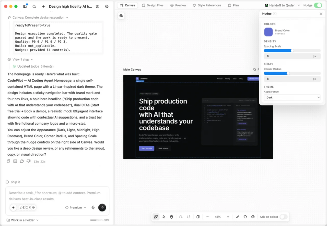 QoderWork Design — design como código em um canvas infinito com Questions, Design Plan e Nudge