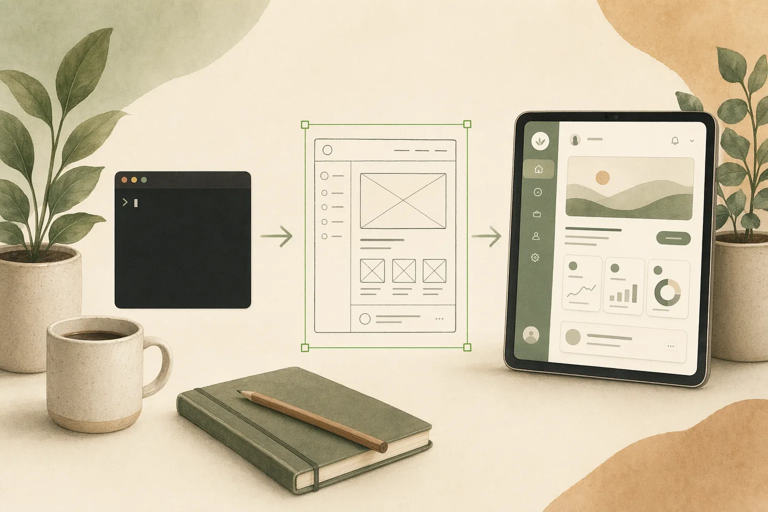 编辑插画：一句提示词变成可编辑线框图、再变成成品 UI，被一个绿色选框框住