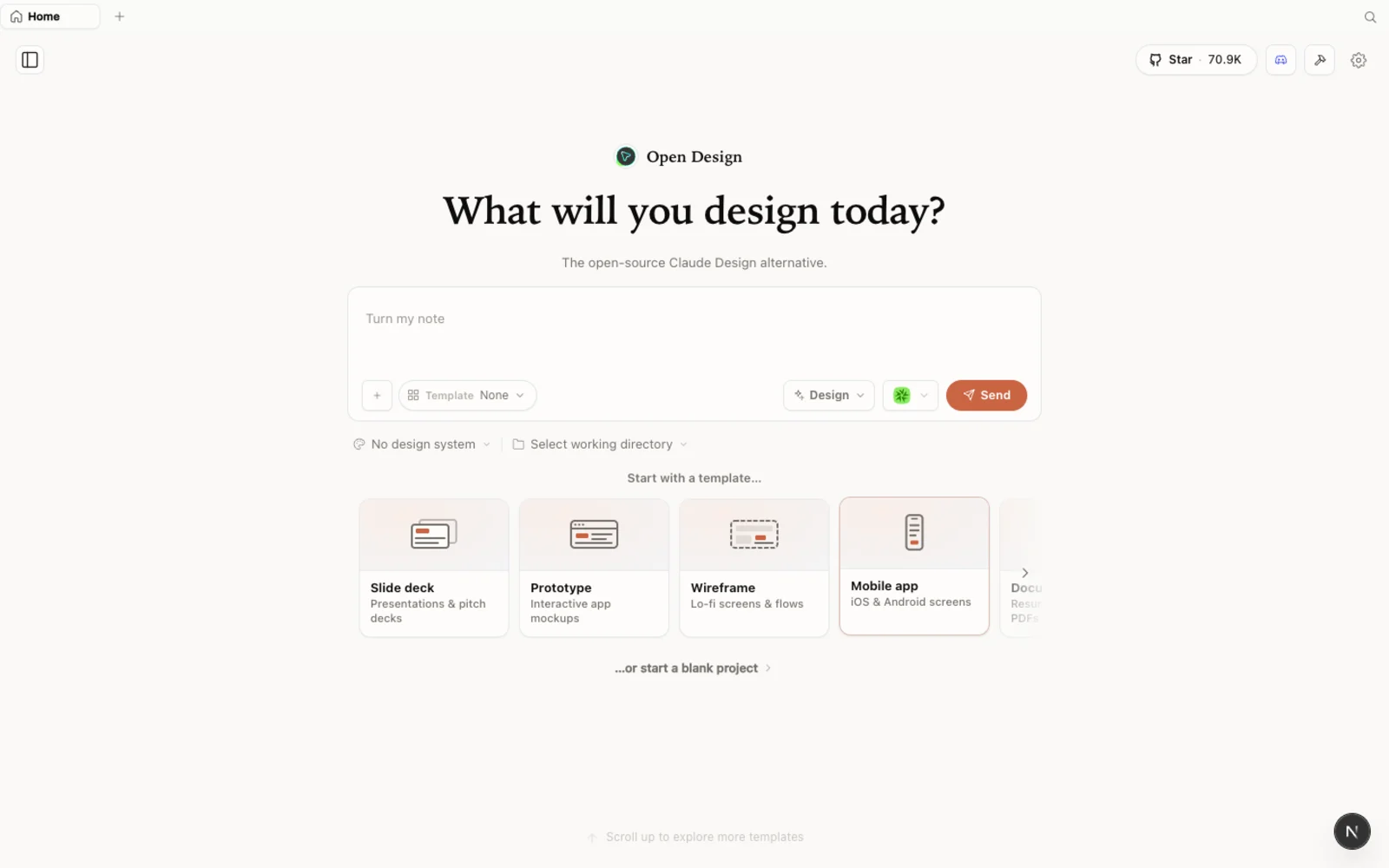 在本地运行的 OpenDesign 工作区。
